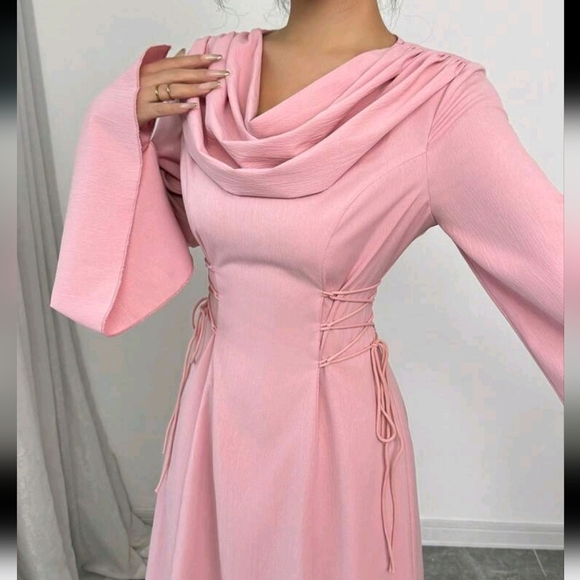 French Elegant Pleated Lantern Sleeve Tie Waist A-Line Dress, Pink Color - Picture 3 of 4